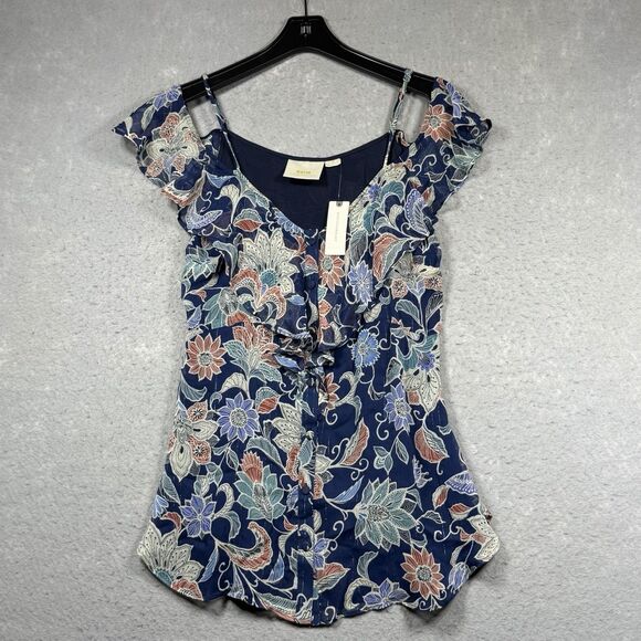 Anthropologie Tops - Anthropologie Maeve Blouse Top Women’s Size 6 Navy Floral Ruffle Open-Shoulder